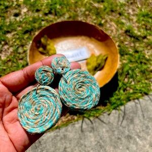 Boho Raffia Beige and Turquoise Drop Earrings